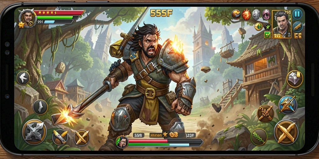 Tampilan screenshot utama 555F yang menunjukkan aksi seru dalam gameplay Arcade.