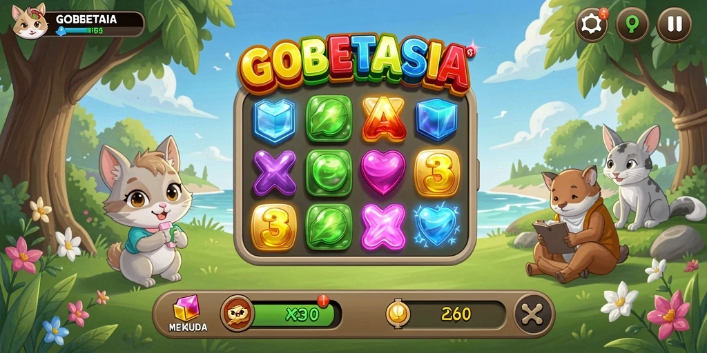Tangkapan layar GOBETASIA menampilkan gameplay Match-3 yang menarik.