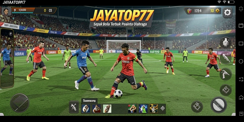 Tangkapan layar gameplay JAYATOP77 menampilkan aksi seru di lapangan sepak bola.