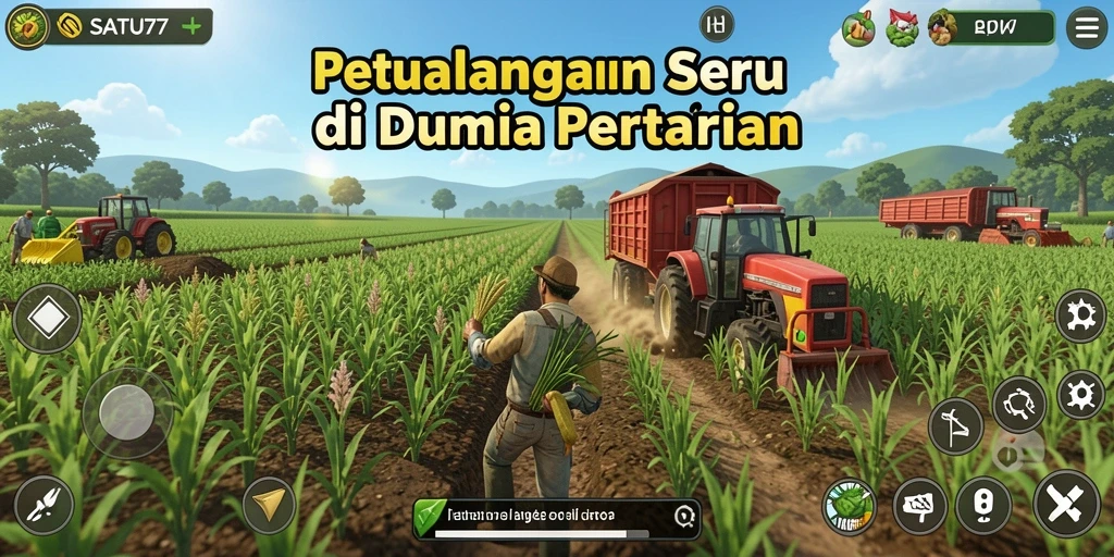 Tampilan gameplay SATU77 yang menggambarkan proses bertani dan berinteraksi.