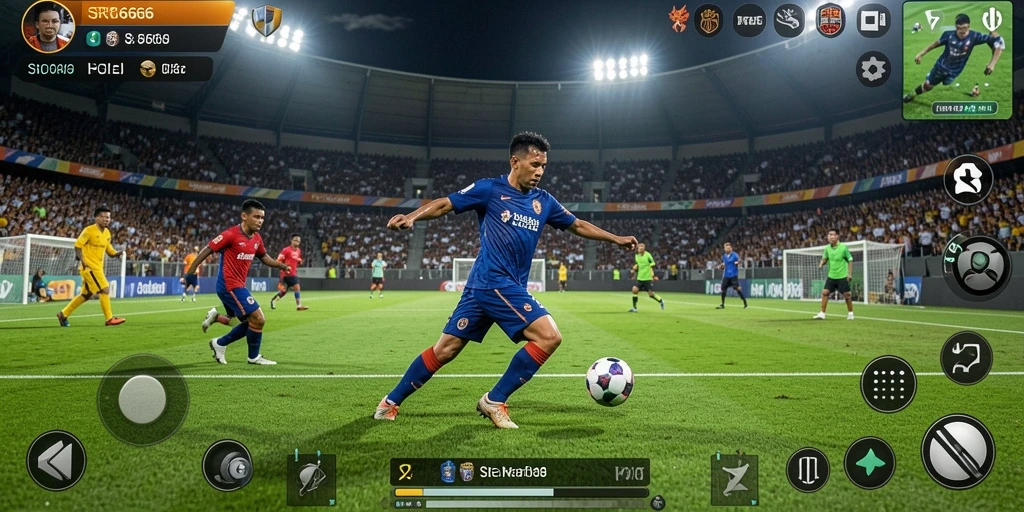 Tangkapan layar utama SR6666 menampilkan aksi seru di lapangan sepak bola.