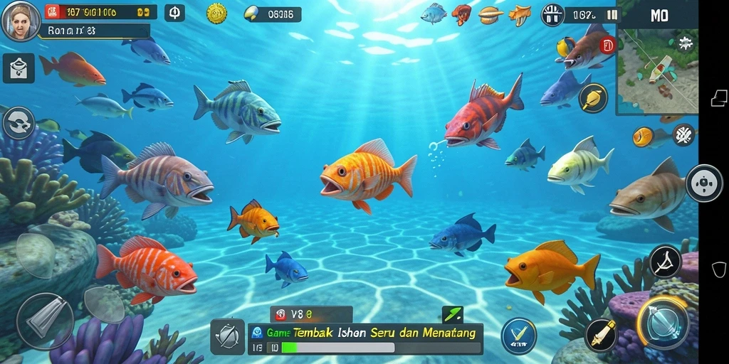 Screenshot gameplay V87 yang menampilkan aksi Tembak Ikan yang seru.